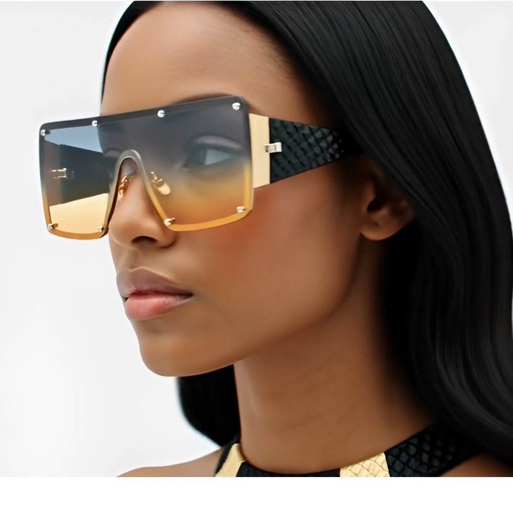 Womens Large Exaggerated Thick Metal Plastic Mod‎ Fashion Rectangle Sunglasses
